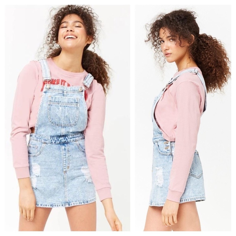 Retro 90s Forever 21 Light Wash Denim Distressed Overall Dress Womens Size XS